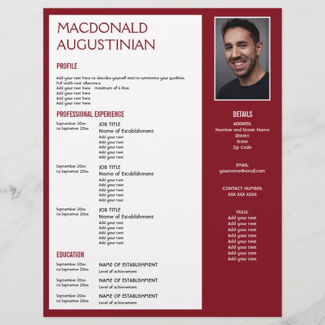 Papel Timbrado BURGUNDY de Foto Personalizável do MODELO de RESUM (Frente)