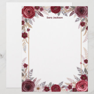 Papel Timbrado Burgundy Floral with Gray Accents Stationery Paper