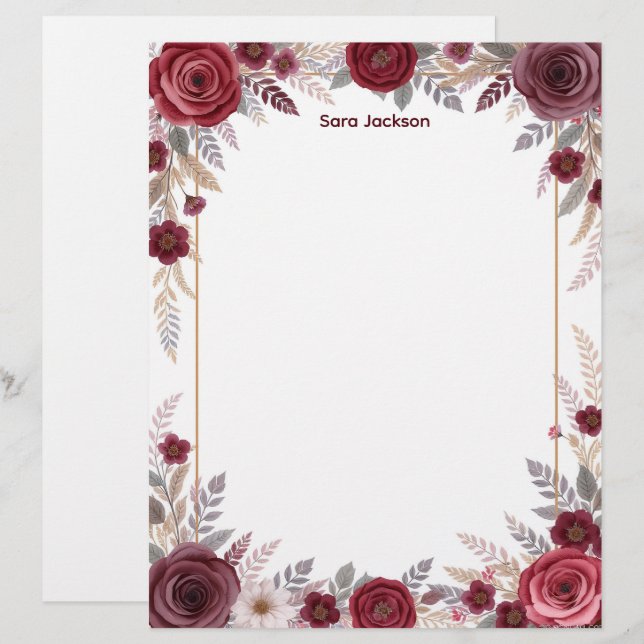 Papel Timbrado Burgundy Floral with Gray Accents Stationery Paper (Frente/Verso)