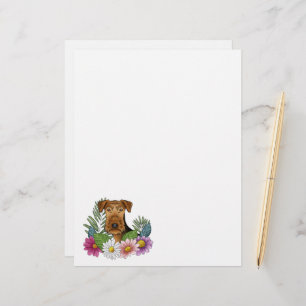 Papel Timbrado Cabeça De Cão Airedale Terrier Com Flores Colorida