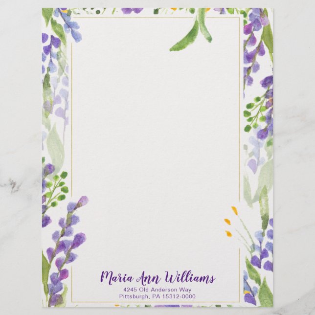 Papel Timbrado Cabeçalho Personalizado de Lavanda de Aquarela (Frente)
