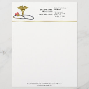 Papel Timbrado Caduceu Médico Dourado & Estetoscópio com Coração