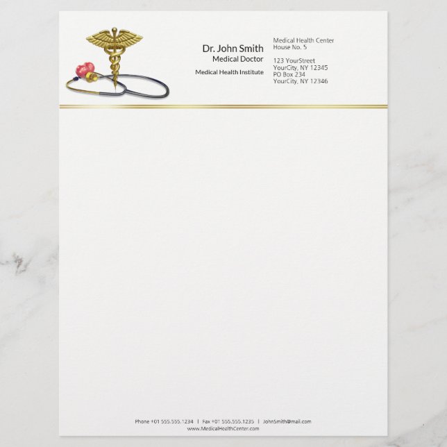 Papel Timbrado Caduceu Médico Dourado & Estetoscópio com Coração (Frente)