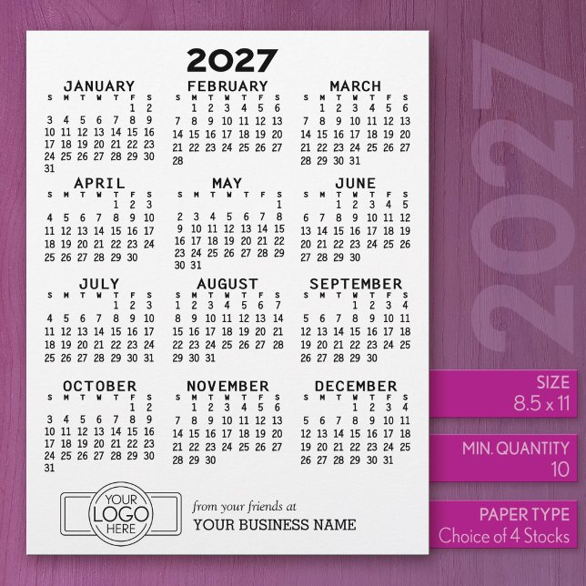 Papel Timbrado Calendário 2027 Preto Branco Negócios - Feriado  (2027 Calendar on US Standard Size Letter Paper)