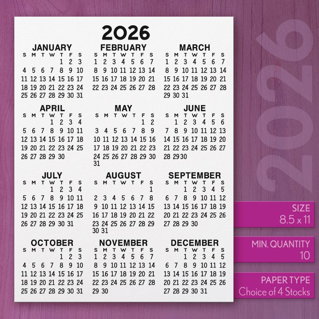 Papel Timbrado Calendário em Papel Letterhead de Tamanho Carta (2026 Calendar)