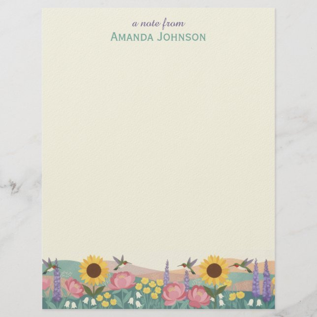 Papel Timbrado Campo de Flores de Beija-flor Personalizado Nome (Frente)