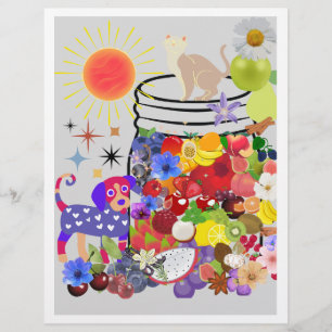 Papel Timbrado cão, gato, frutas e flores