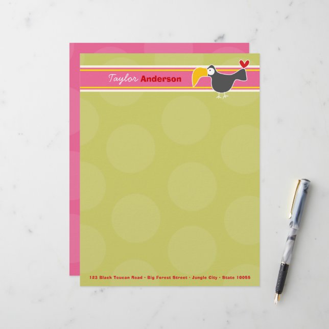 Papel Timbrado Cartografia Black Toucan Bird Green Pontos Criança (Frente/Verso In Situ)