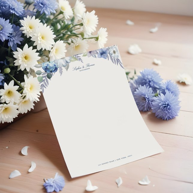 Papel Timbrado Casamento Floral de Azul e Lavanda Francês (French Blue & Lavender Watercolor Floral Wedding Letterhead)