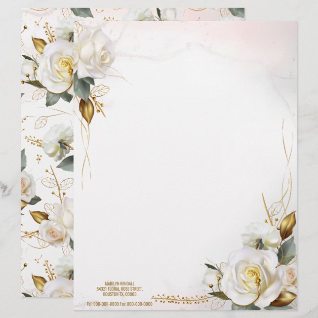 Papel Timbrado Casamento Floral Romântico em Branco e Dourado (Frente/Verso)