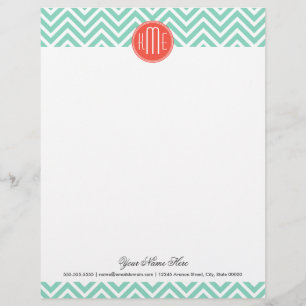 Papel Timbrado Chic Aqua Green Chevron e Orange Custom Monograma