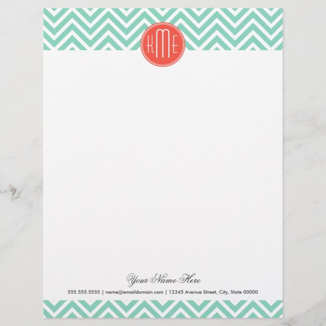 Papel Timbrado Chic Aqua Green Chevron e Orange Custom Monograma (Frente)