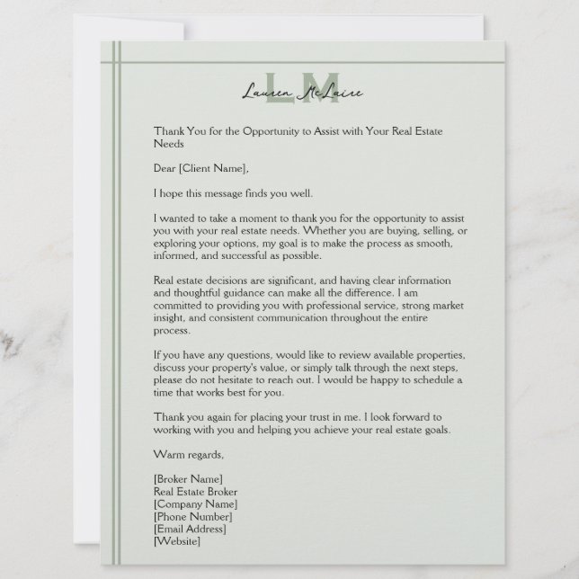 Papel Timbrado Classic Sage Realtor Client Correspondence Letter (Frente)