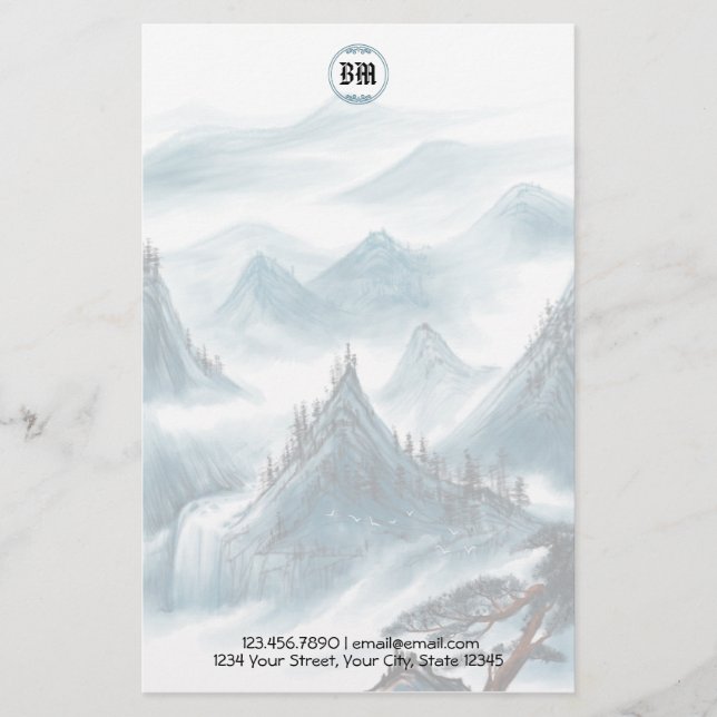 Papel Timbrado Clássico com Vista Azul da Montanha (Frente)