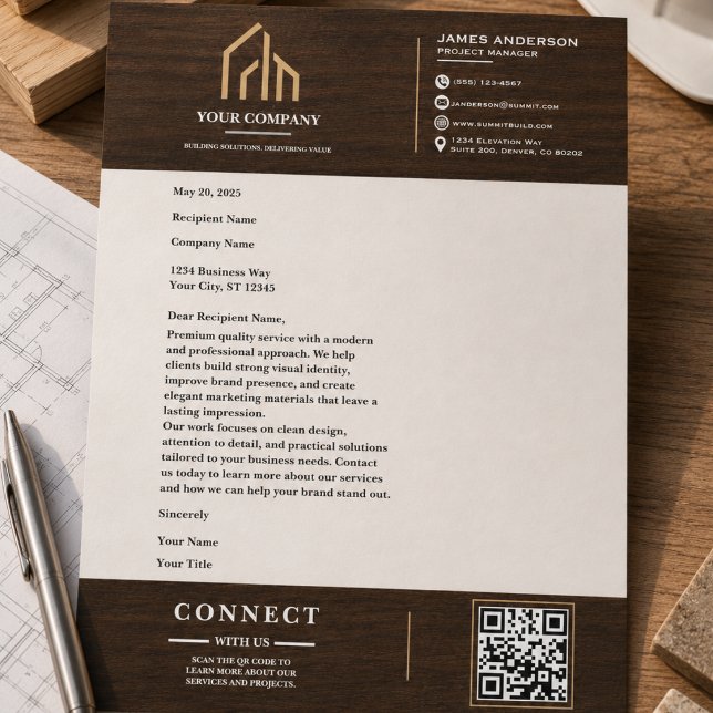 Papel Timbrado Construção de Código QR com Textura de Madeira Mod (Modern Wood Grain QR Code Construction Letterhead
)