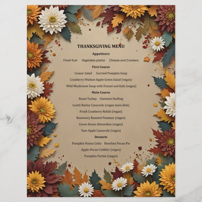 Papel Timbrado Convite de Menu de Flores de Outono (Frente)