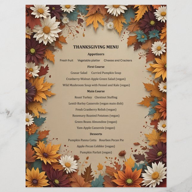 Papel Timbrado Convite de Menu de Flores e Folhas de Outono Linda (Frente)