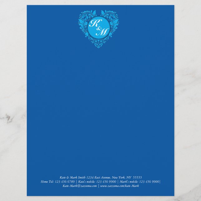 Papel Timbrado Coração Cobalt Blue E Turquoise Damask do HeartPar (Frente)