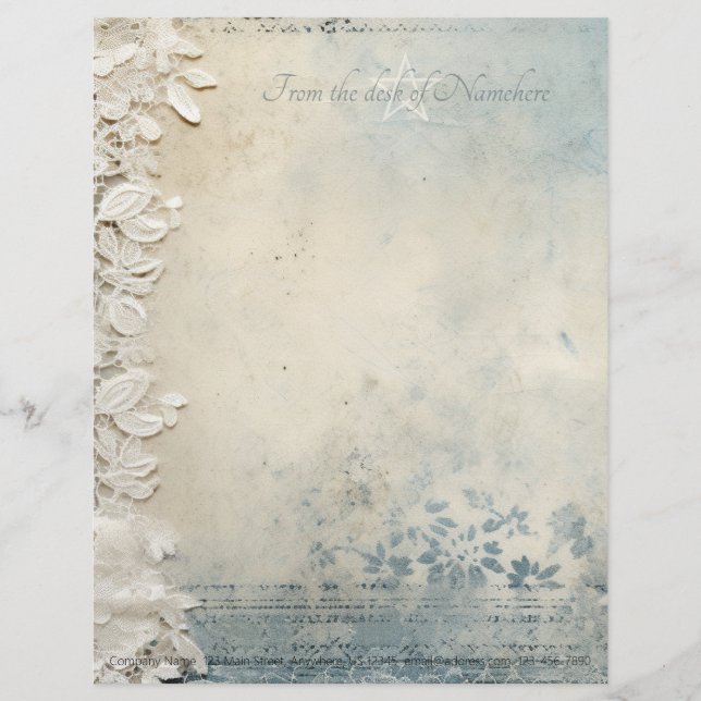 Papel Timbrado Crie Seu Próprio Floral Azul Vitoriano com Renda (Frente)