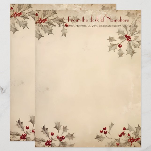 Papel Timbrado Crie Seu Próprio Retro Vermelho Cinza Azevinho Fru (Frente/Verso)