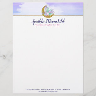 Papel Timbrado Cristais de Aquarela & Lua Crescente Dourada Bouti