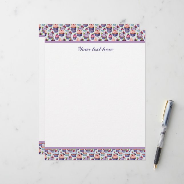 Papel Timbrado Cute tiled cupcake pattern customizable (Frente/Verso In Situ)