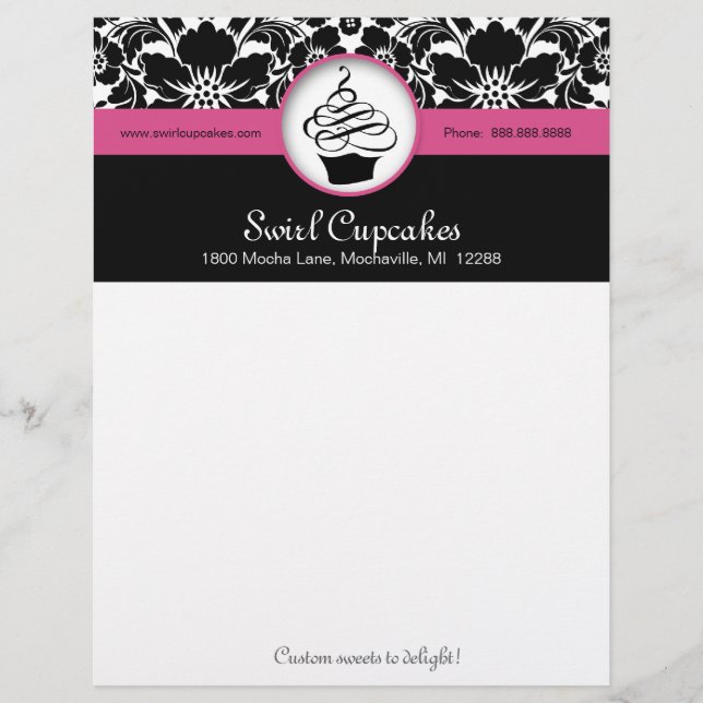 Papel Timbrado Damasco floral do rosa do cabeçalho do cupcake da (Frente)