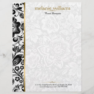 Papel Timbrado Damascos FloraisEm Preto E Branco Com Destaques Do