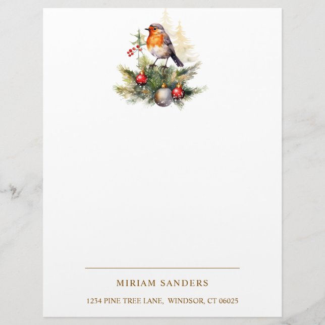 Papel Timbrado de Natal Robin Vermelho de Inverno (Frente)