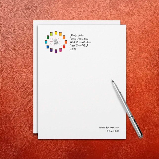 Papel Timbrado Dedal de Costura, Agulha e Linhas (Sewing Thimble, Needle and Threads Letterhead. Customize your text. )