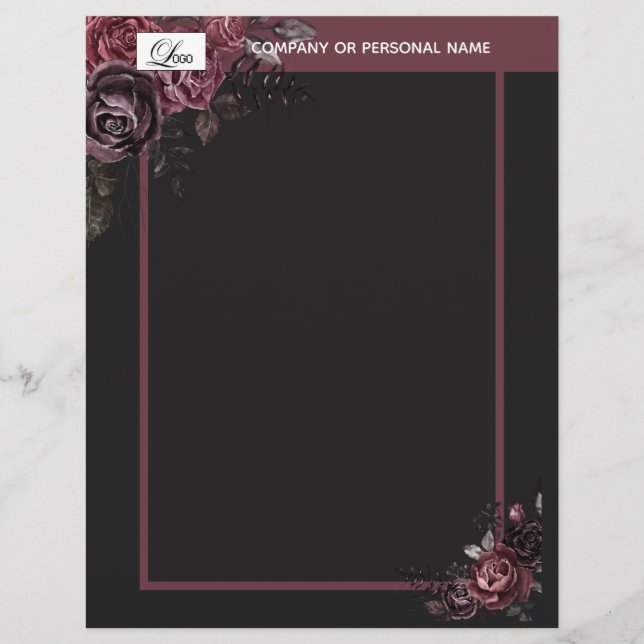 Papel Timbrado Desenho Floral de Rosa Preta Romântica e Sofistica (Frente)
