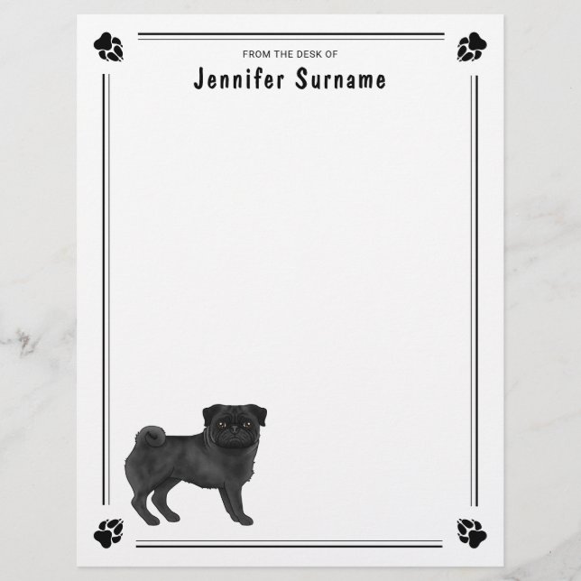 Papel Timbrado Design de Raça de Cachorro Pug Preto Fofo (Frente)