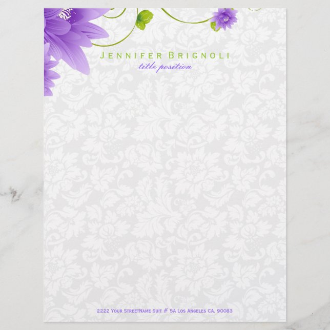 Papel Timbrado Design Floral Verde E Branco Roxo (Frente)