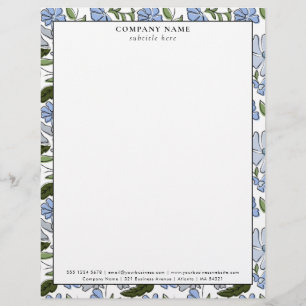 Papel Timbrado Detalhes da Empresa com Padrão Floral Azul Moderno