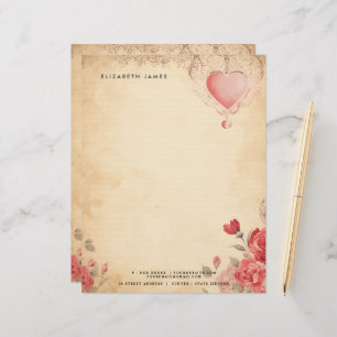 Papel Timbrado Dia de os namorados Floral Red Heart Vintage Perso