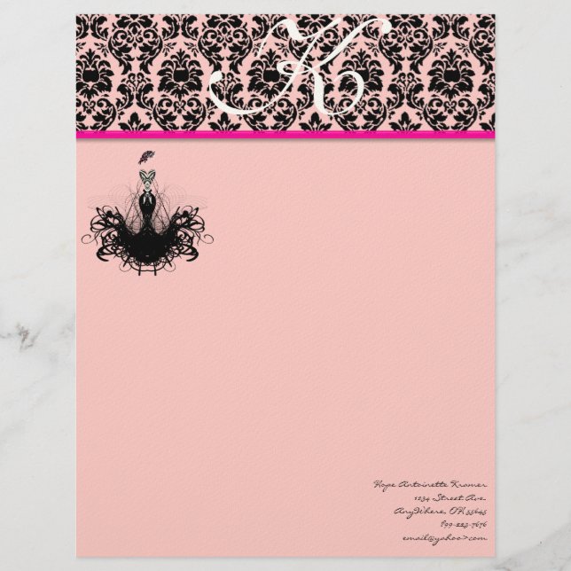 Papel Timbrado Diva da Moda 2 Rosa Framboesa Monograma Damasco (Frente)