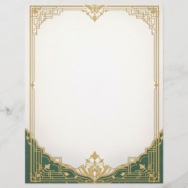 Papel Timbrado Dourada arte Deco Frame com Borda Verde (Frente)