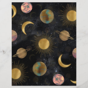 Papel Timbrado Dourada ilustração espacial de planetas da Lua Sol
