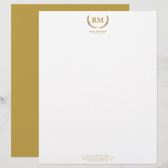 Papel Timbrado Dourado Laurel Folaves | Elegante Inicial em Branc (Frente/Verso)