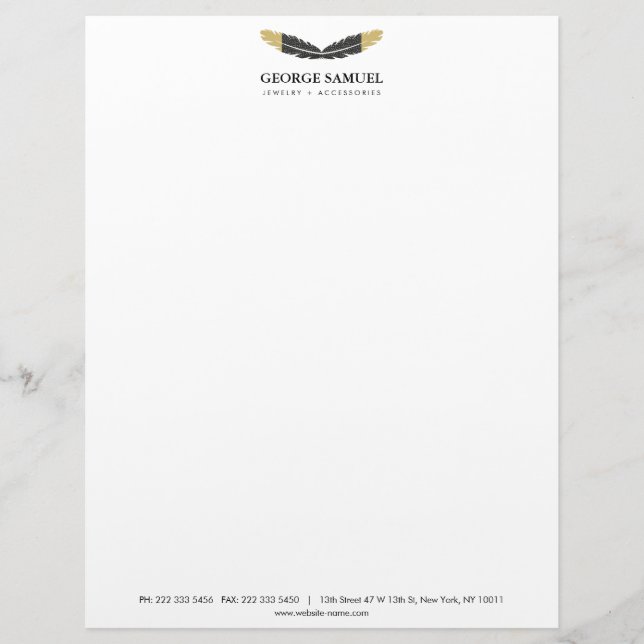 Papel Timbrado Dourado Tendência Boho Penas Designer Branco (Frente)