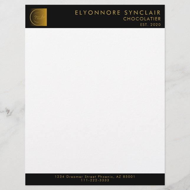 Papel Timbrado Elegant Black Gold Script Logo Chocolatier  (Frente)