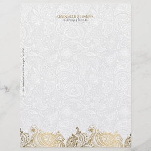 Papel Timbrado Elegante Dourado E Branco Paisley Lace
