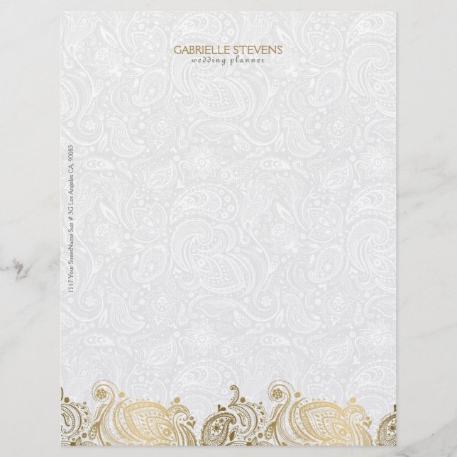 Papel Timbrado Elegante Dourado E Branco Paisley Lace (Frente)