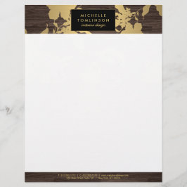 Papel Timbrado Elegante Dourado Padrão Floral Darno Wood Designer