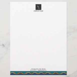 Papel Timbrado Elegante Dourado Wave Blue Teal com logotipo de ne