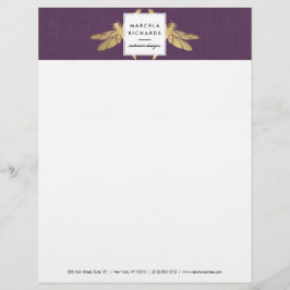 Papel Timbrado Elegante Faux Dourada Dragonfly Duo em Linen Roxo