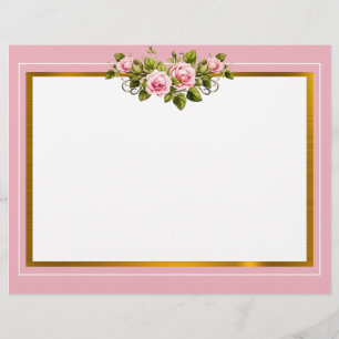 Papel Timbrado Elegante Floral Rosa e Moldura Dourada "Obrigado" 