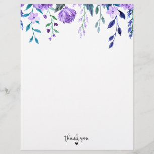 Papel Timbrado Elegante Floral Roxo Agradecimento em Aquarela 