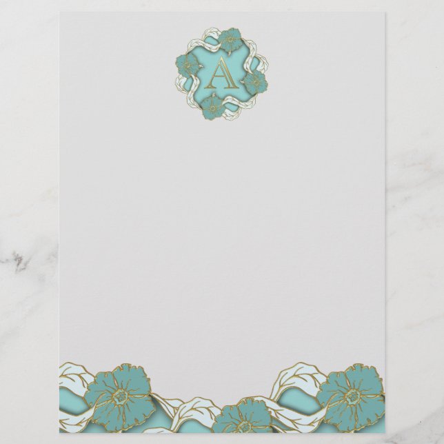 Papel Timbrado Elegante Floral Turquoise - Monograma - letra A (Frente)