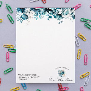 Papel Timbrado Elegante marinho azul aquarela floral, nome comerc
